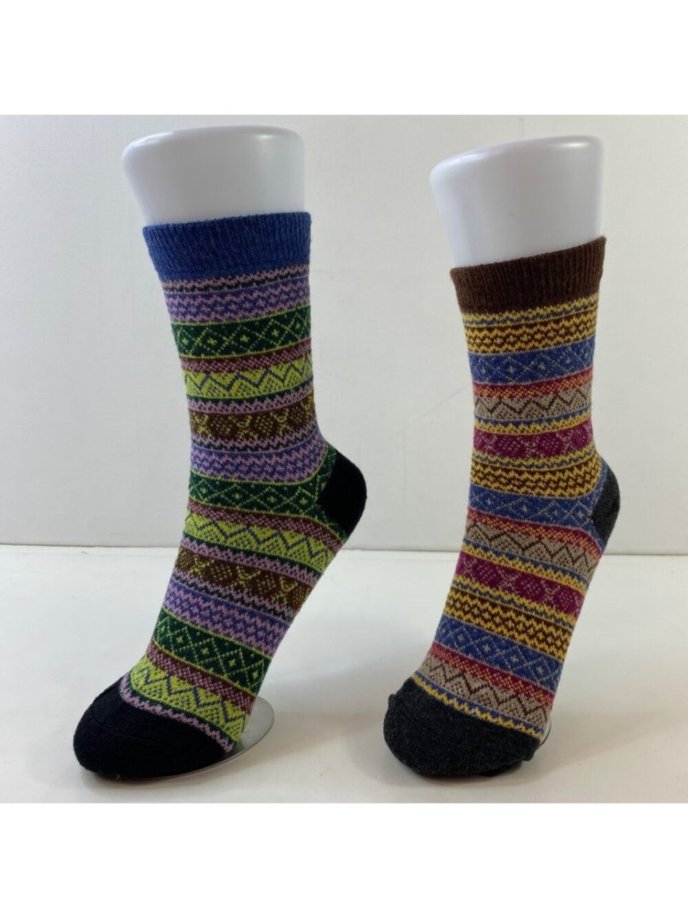 Womens Crew Socks Set 2 Fair Isle Nordic Pattern Blue Brown Yellow Orange Green
